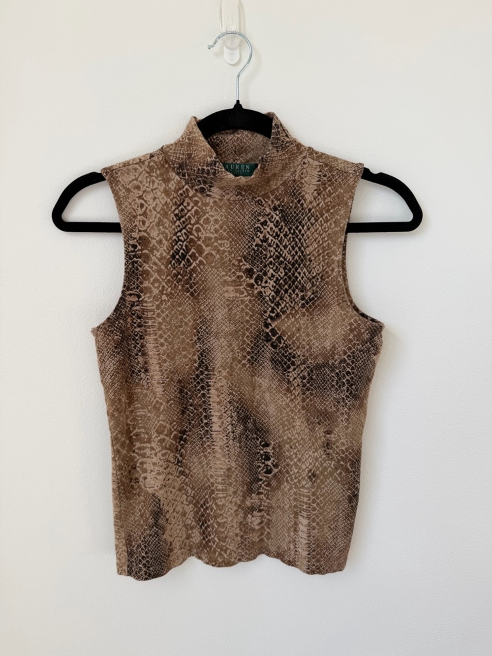Ralph Lauren Brown Snake-Print Sleeveless Mock Neck Shell